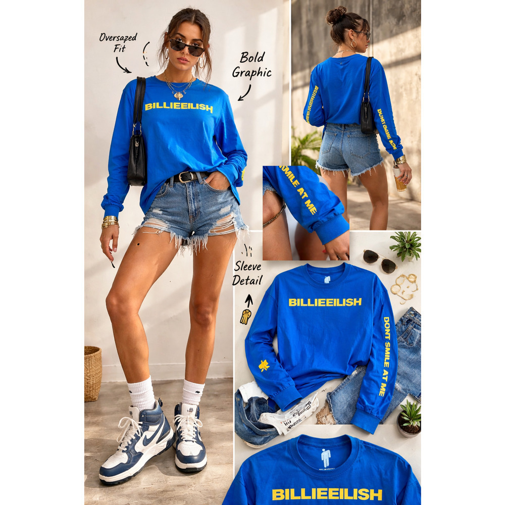 Billie Eilish Blue Long Sleeve Graphic Tee Size L Oversized Streetwear